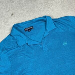 Vilebrequin Polo Shirt Mens XXL Blue 100% Linen Slub Jersey Embroidered Turtle